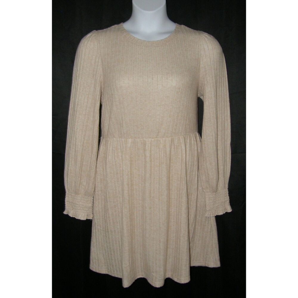 NEW Tan Sz XL Business Casual Stretchy Ribbed Lightweight Sweater Dress Pockets